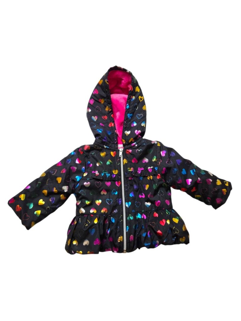 Penelope Mack Baby Girl Winter Coat 12M Black Rainbow Hearts Pink Fleece Hooded